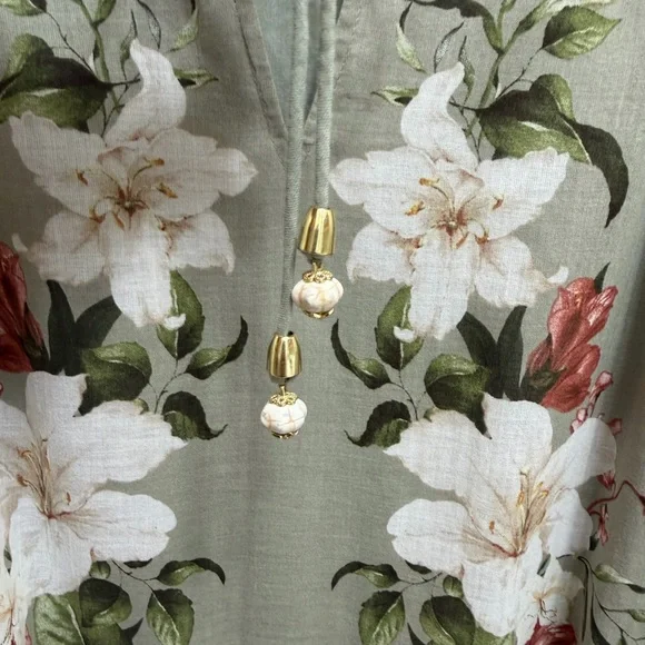 Camila Coelho Floral Mini Dress Blouson Sleeve Waist Tie Size Sage Green Size XS - Picture 7 of 11